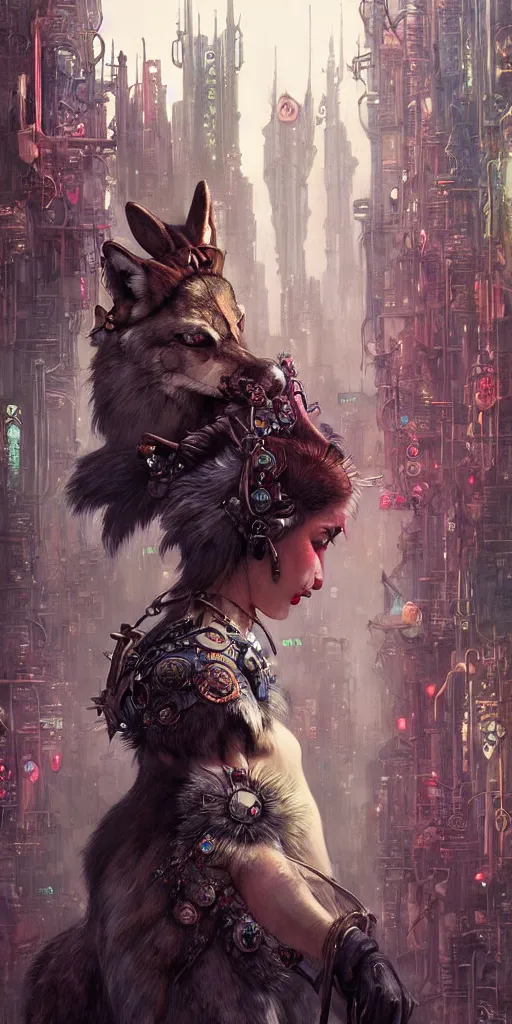 Prompt: hyper realistic Princess Mononoke in her mask, busy cyberpunk metropolis, city landscape, wolves, magic, castle, jewels, style of tom bagshaw, mucha, james gurney, norman rockwell, denoised, sharp