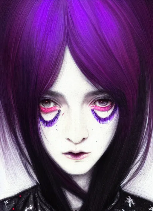 Image similar to hair blackbangs hair, white hair, blackbangswhitehair, portrait of teenage girl with black bangs, red irises, purple clothes, black bangs, bangs are white hair is black, intricate, elegant, glowing lights, highly detailed, digital painting, artstation, concept art, sharp focus, illustration, art by wlop, mars ravelo and greg rutkowski