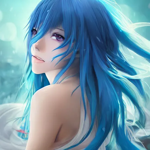 Prompt: advanced digital anime art, WLOP, RossDraws and Sakimichan, female water shaman with blue hair like waves and blue eyes smiling , SFW version —H 1024