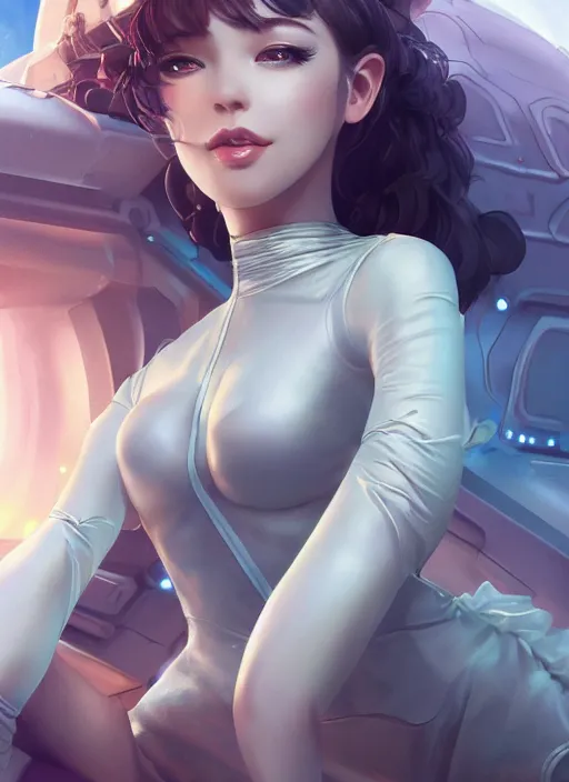 Prompt: woman sitting on a spaceship window, beautiful detailed dress, detailed face, detailed torso, smiling, detailed body, by artgerm, by wlop, anime style, octane render