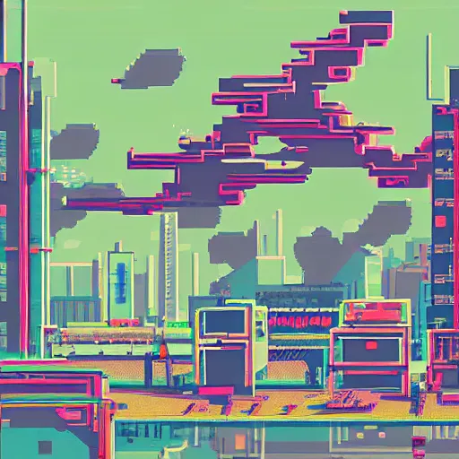 Prompt: pixel art of neonpunk city on a flying platform in clouds