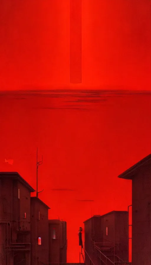 Image similar to only with red, a giant weird industrial zone with strange lights in the background, in the style of beksinski, by edward hopper and rodcenko and yue minjun and cory loftis, intricate and epic composition, red by caravaggio, highly detailed, masterpiece, red light, artstation, art nouveau