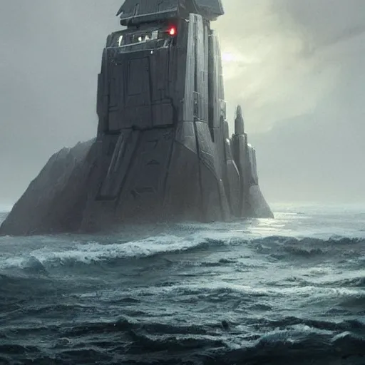 Image similar to star wars concept art by greg rutkowski, a palatial and imposing grey wide tower emerging from the sea in the middle of a ocean landscape, enigmatic atmosphere, beautiful and cinematic lighting, artstation hq.