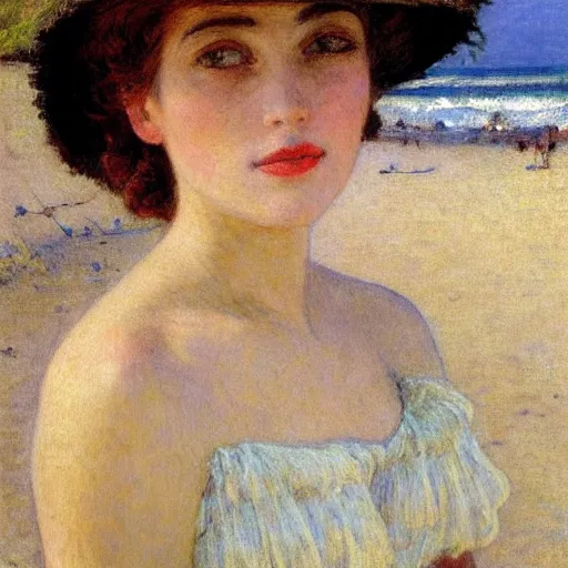 Image similar to painting of a young woman with a hat on at a beach by Guy Rose and Geroges Clarin, high quality, highly detailed, Romanticism, 1900s, oil painting, coherent