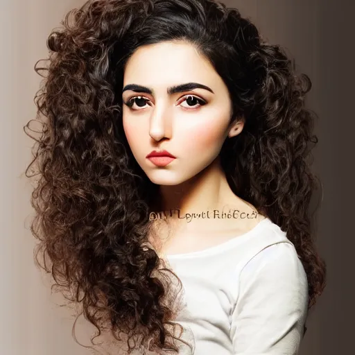 Prompt: portrait of a persian young lady with curly black hair, round face, thin lips, big brown eyes, photo, hyperrealistic, focused, detailed