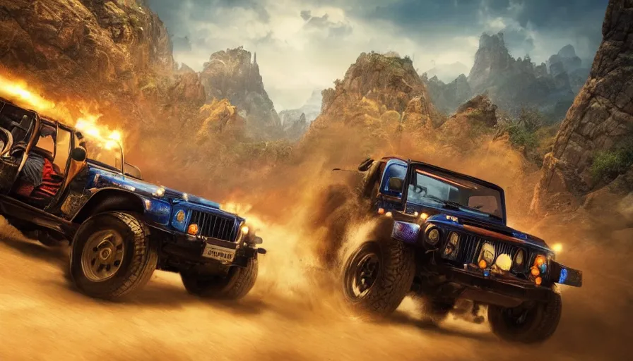 Image similar to mahindra thar, tribe members attacking, action scene, an epic fantasy, dramatic lighting, cinematic, establishing shot, extremely high detail, photorealistic, cinematic lighting, artstation, by christopher nolan, asphalt 9