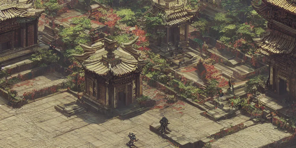 Image similar to vietnamese temple scene, side scroller, 2 d game art background, sharp, detailed, intricate, game level design, cinematic lighting, ultrarealistic, photorealistic, trending on artstation, in the style of yoji shinkawa and greg rutkowski and federico pelat