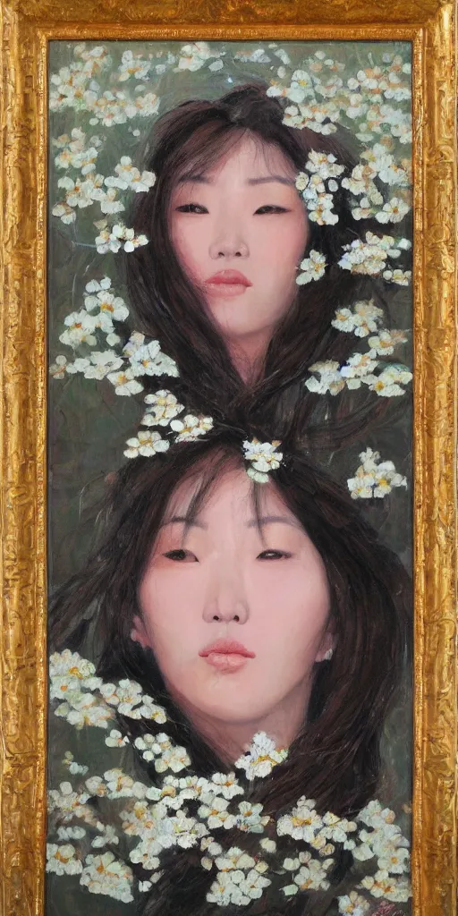 Image similar to beautiful highly detailed and expressive oil painting of a korean woman's face dissolving into petals, masterpiece, dynamic lighting,