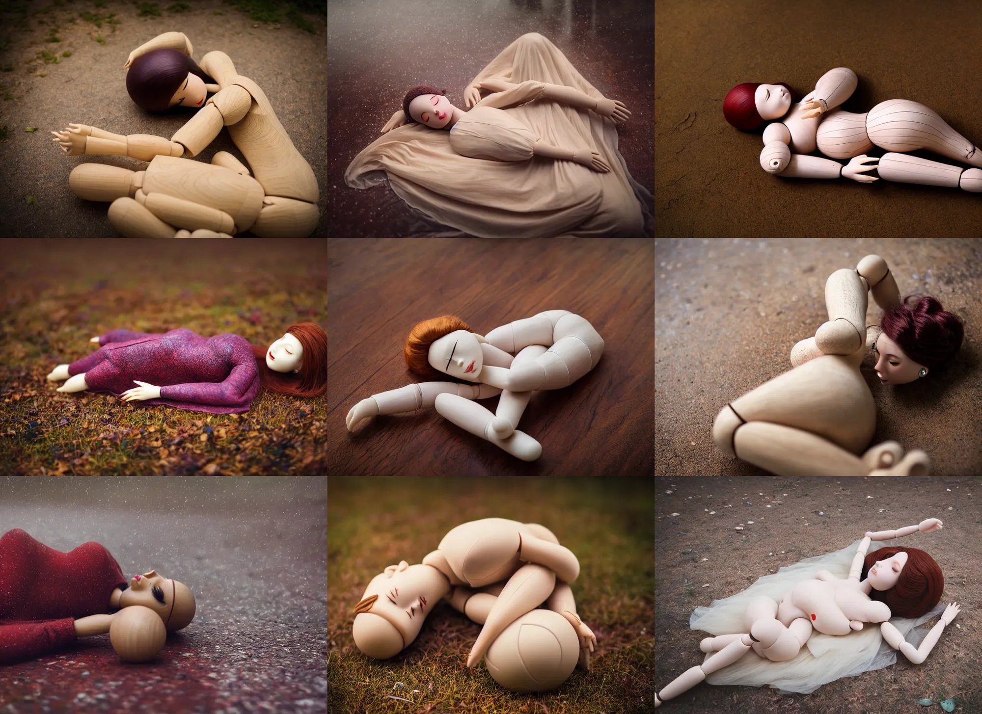 Prompt: low camera angle 2 8 mm lens wide angle full body photograph of a beautiful female ball - jointed wooden!! art doll lying on her side, asleep, professional model photography, dslr, by raphael, by agostino arrivabene, soft light, crying, sadness, in the rain, bokeh