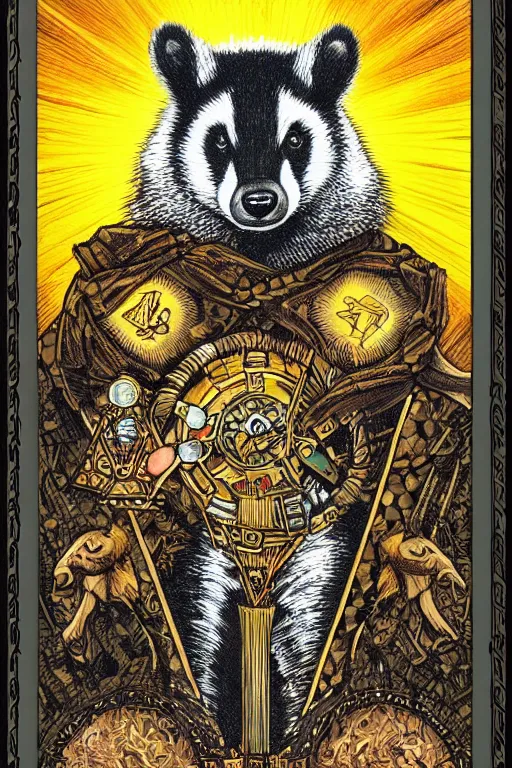Image similar to tarot card illustration of the card the badger hierophant, framed in an elaborate rectangular border, tarot card, detailed illustration, badgers, furry art, artstation, 4 k