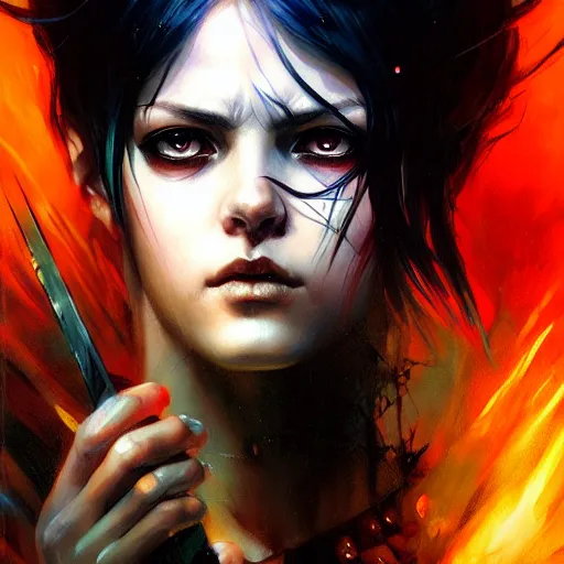 Prompt: edgy jrpg character holding bloodsword, hyperrealistic portrait, bladerunner street, by karol bak and agnes cecile, fantasy art, photo realistic, dynamic lighting, artstation, poster, volumetric lighting, very detailed face, 8 k, award winning