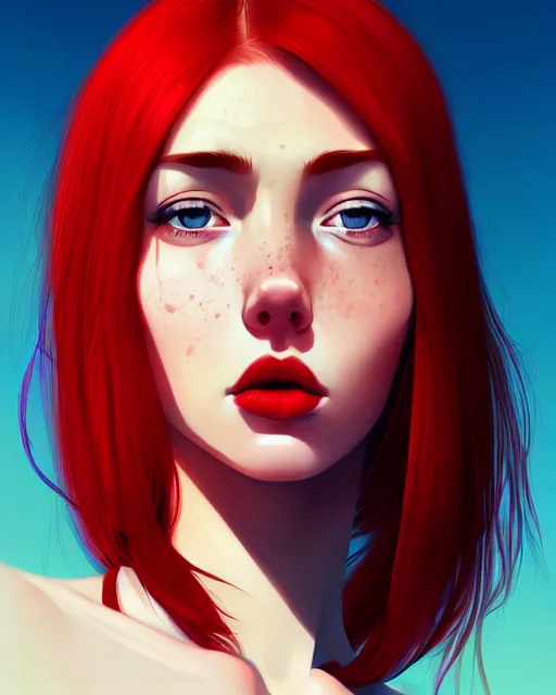 Image similar to a detailed portrait of a beautiful woman with red hair and freckles by ilya kuvshinov, digital art, dramatic lighting, dramatic angle