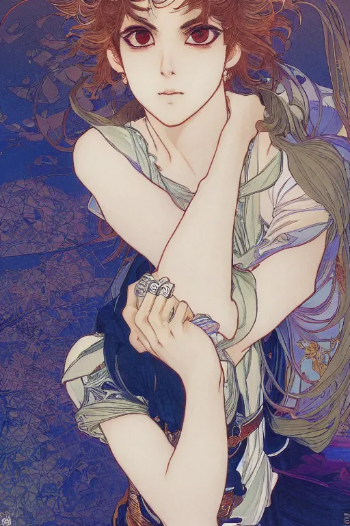 Image similar to beautiful medium shot manga portrait of young arabic man inspired by ayami kojima with short hair dressed with a white t - shirt, white background white bank studio light, art by yoshitaka amano, alfons mucha, hiroaki samura, jiro matsumoto and yusuke murata, sharp focus, high quality, 8 k