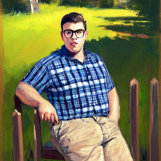 Prompt: painting of a handsome stocky 2 3 year old man with light brown swept back short hair and dark glasses, wearing a blue plaid shirt and khaki shorts, sitting in chair, in front of a decaying white picket fence, by jeremy mann, stylized, detailed, realistic, loose brush strokes