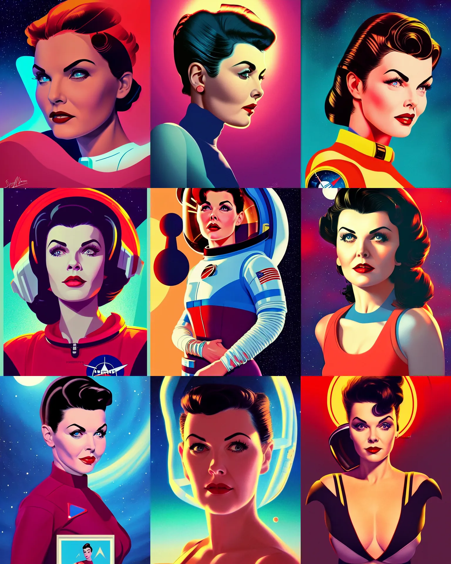 Prompt: sherilyn fenn 2 6 years old astronaut. forbidden planet, retro futurism, half portrait by stanley artgerm, dramatic lighting, ilya kuvshinov, trending on artstation, flat colour, geometric curves, gradient filter, pleasing tone colours, art deco patterns