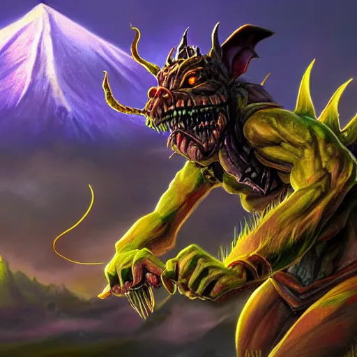 Image similar to a highly detailed goblin with dark skin and yellow eyes that glow, Like magic the gathering, goblin chainwalker, with a volcano in the background, digital art, by Christopher rush