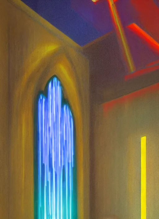 Prompt: waterfall in a church interior with neon lights painted by Edward Hopper and James Gilleard