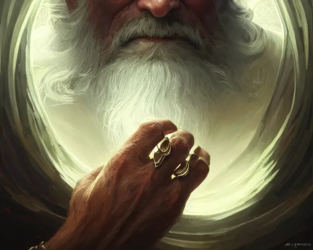 Image similar to old man with rings on all his fingers, deep focus, d & d, fantasy, intricate, elegant, highly detailed, digital painting, artstation, concept art, matte, sharp focus, illustration, hearthstone, art by artgerm and greg rutkowski and alphonse mucha