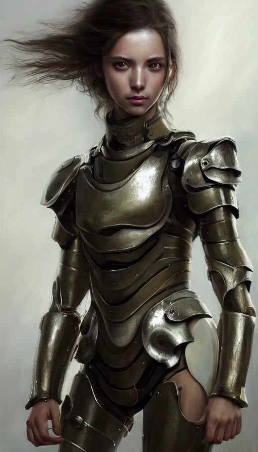 Image similar to a photorealistic painting of an attractive young girl, partially clothed in metal-plated battle armor, olive skin, long dark hair, beautiful bone structure, symmetrical face, perfect eyes, intricate, elegant, digital painting, concept art, illustration, sharp focus, minimal artifacts, volumetric lighting, from Metal Gear, in the style of Ruan Jia and Mandy Jurgens and Greg Rutkowski, trending on Artstation, award winning