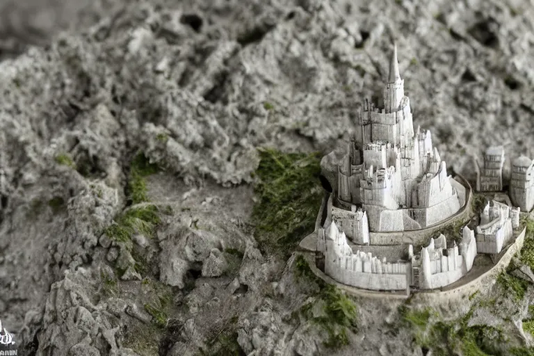 Prompt: Miniature Minas Tirith. Macro 35mm photo