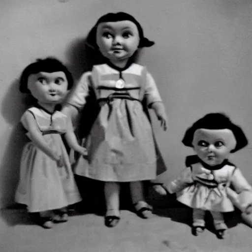 Prompt: 1 9 5 0 s, evil children toys, coming to life, doll phobia, horror, jump scare, polaroid,