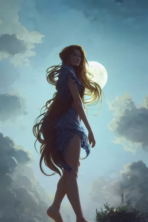 Image similar to fantasy, beautiful leg, long hair, girl, portrait, side view, cloud sky and moon night background, high detail, cinematic lighting, concept art, digital art, illustration, smooth, sharp focus, greg rutkowski, alphonse mucha, loish, wlop, trending on artstation, trending on deviantart