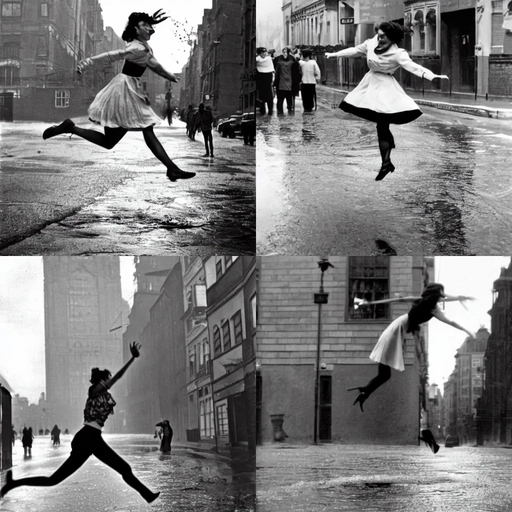 Prompt: A woman wearing a dress leaping over a large puddle in the street, the decisive moment by Henri Cartier-Bresson, photographed on a Leica camera