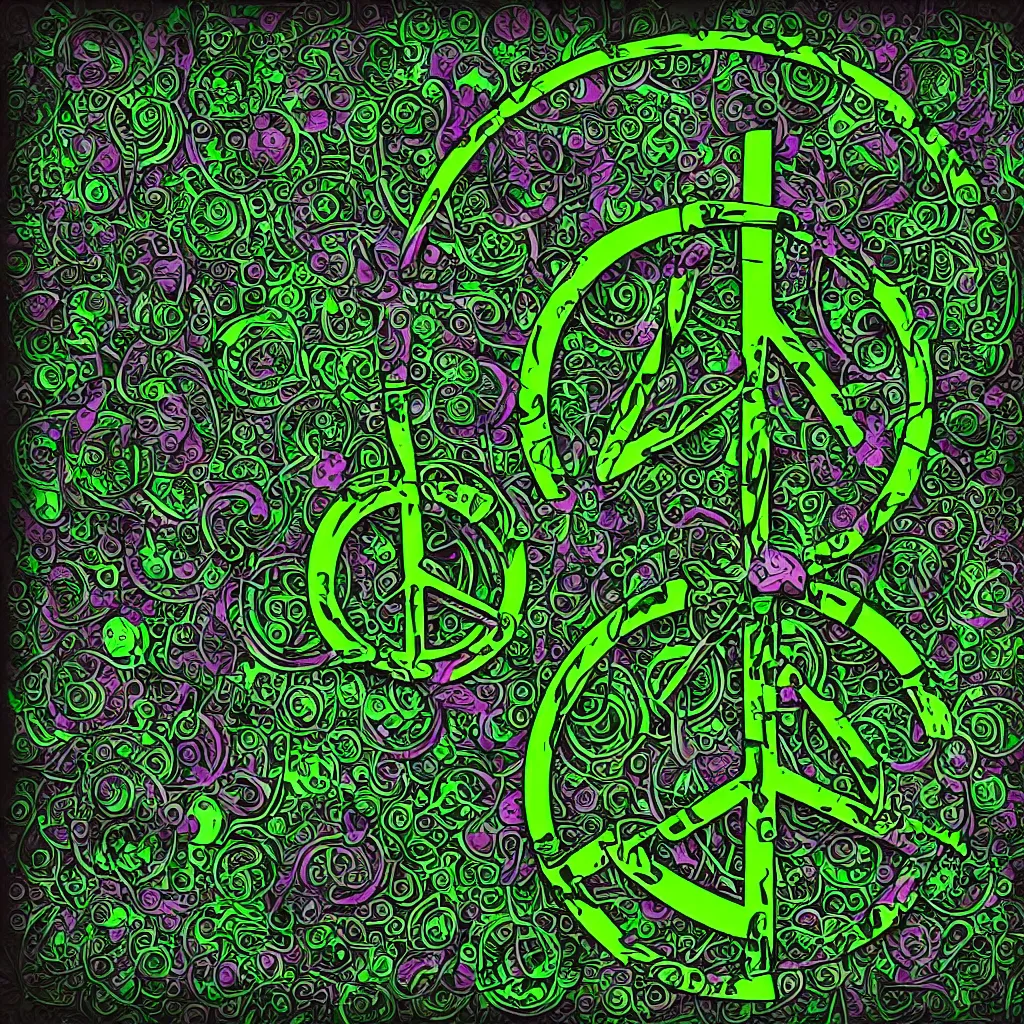 Prompt: Peace symbol covered in mechanical flowers against a dark green background, ultra detailed HD digital art