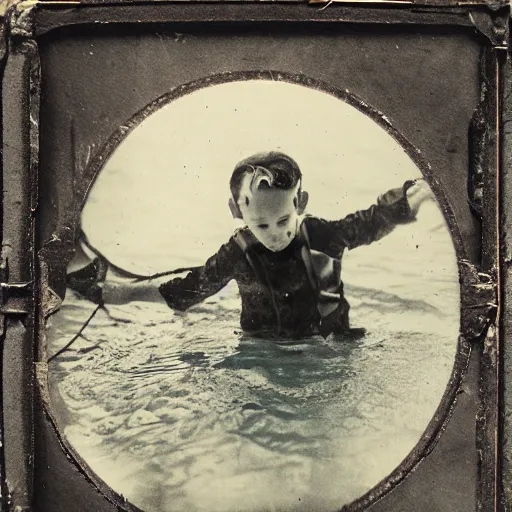 Image similar to tintype photo, swimming deep underwater, kid with huge clown