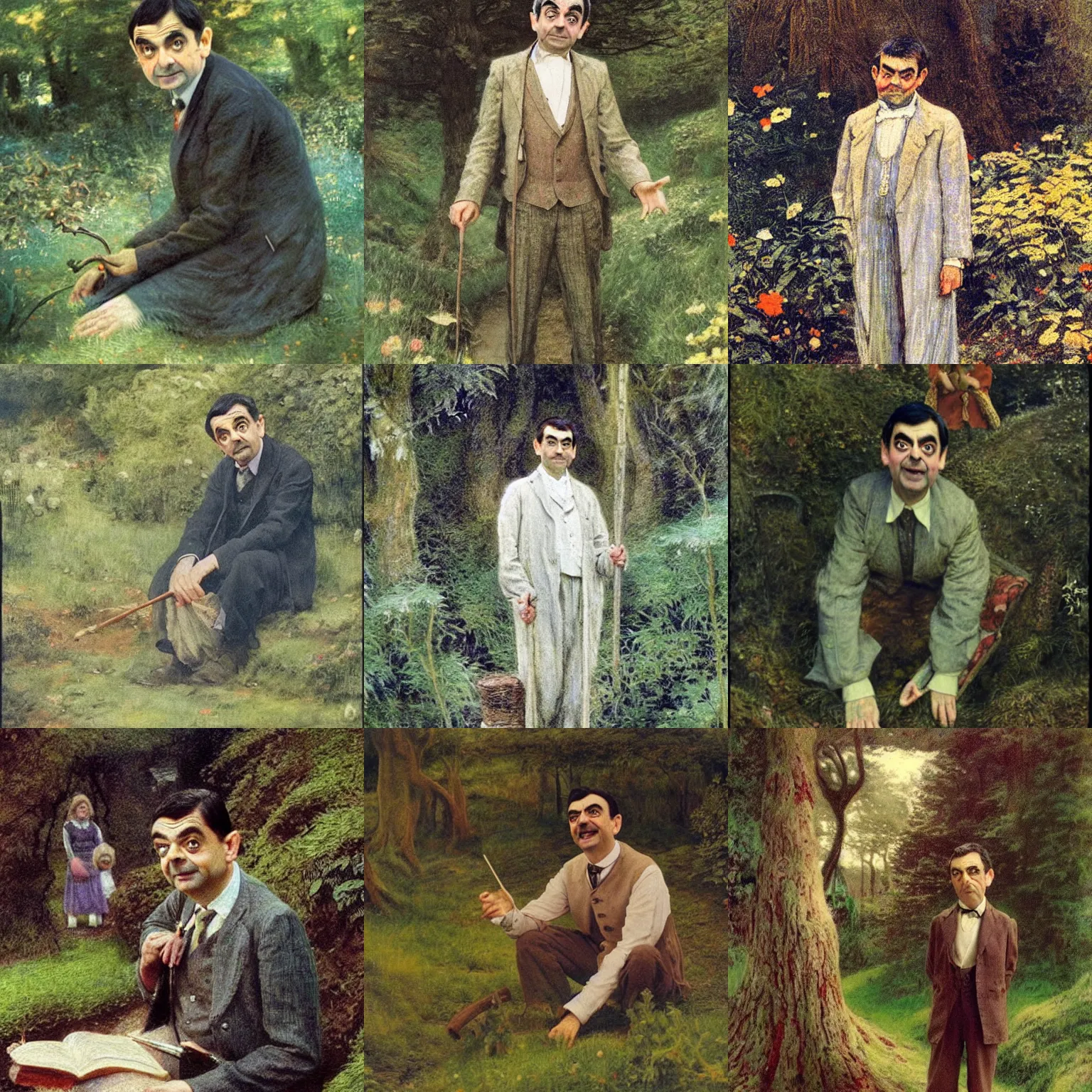 Prompt: painting still of mr. bean ( rowan atkinson!!!! ) in ( ( ( henry meynell rheam's the fairy wood!!!! ) ) ) ( 1 9 0 3 )