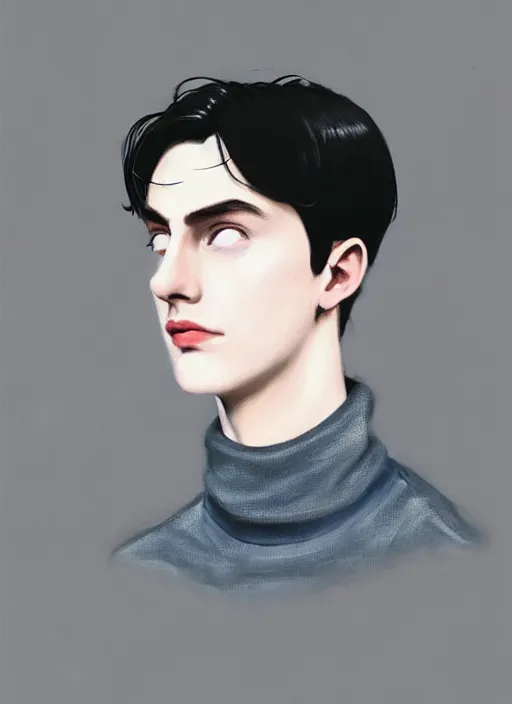 Image similar to portrait of teenage jughead jones wearing a light grey crown, crown, blue turtleneck, 1 9 5 0 s, closed eyes, photorealistic, black hair, glowing lighting, intricate, elegant, glowing lights, highly detailed, digital painting, artstation, concept art, smooth, sharp focus, illustration, art by wlop, mars ravelo and greg rutkowski