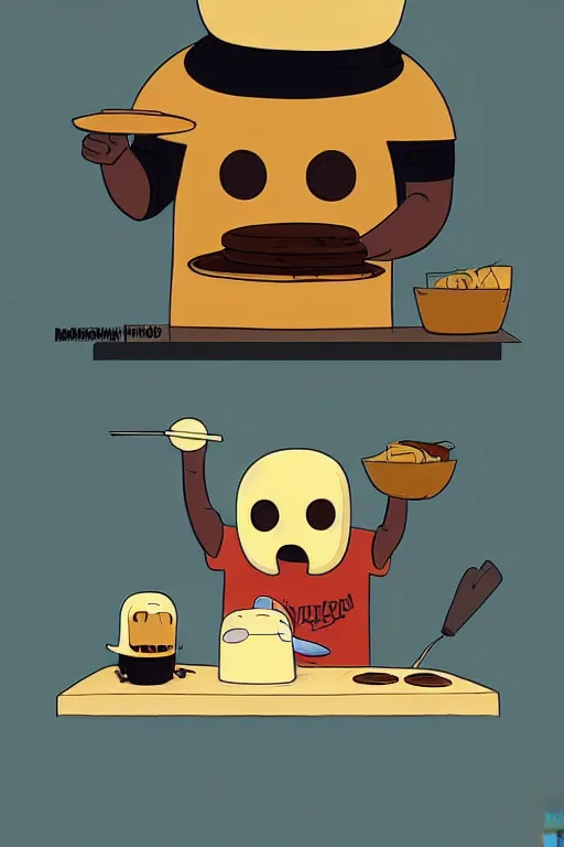 Image similar to mf doom making pancakes in style of adventure time, animation pixar style, by pendleton ward, magali villeneuve, artgerm, rob rey and kentaro miura style, golden ratio, trending on art station