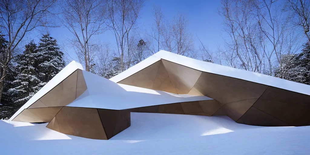 Prompt: faceted roof planes lift and descend creating shade and architectural expression, highly detailed, situated in snow, vivid color