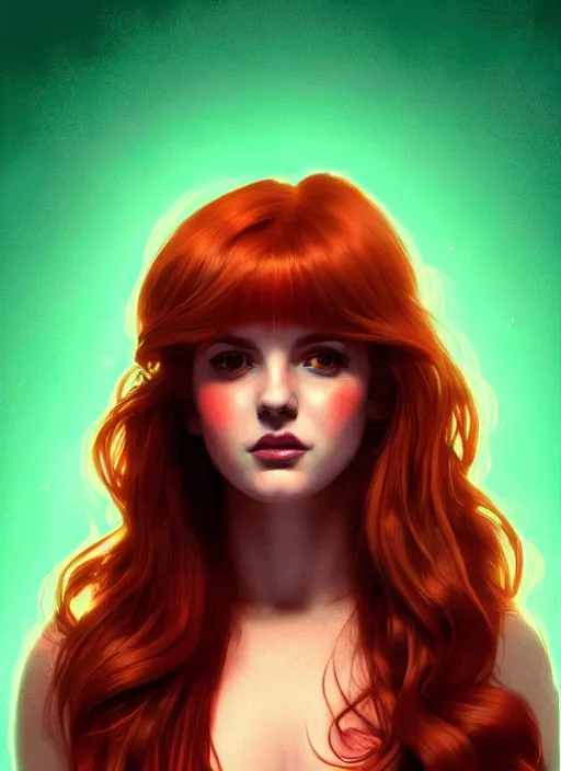 Image similar to full body portrait of teenage cheryl blossom, bangs, green eyes, mischievous expression, red hair, sultry smirk, bangs and wavy hair, intricate, elegant, glowing lights, highly detailed, digital painting, artstation, concept art, smooth, sharp focus, illustration, art by wlop, mars ravelo and greg rutkowski