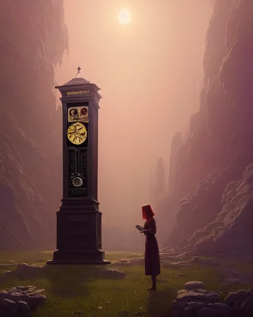 Image similar to highly detailed surreal vfx portrait of a sacred monolithic grandfather clock, stephen bliss, unreal engine, greg rutkowski, loish, rhads, beeple, makoto shinkai and lois van baarle, ilya kuvshinov, rossdraws, tom bagshaw, alphonse mucha, global illumination, detailed and intricate environment