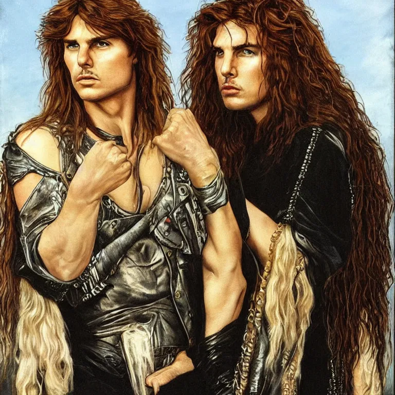 Image similar to Pre-Raphaelite portrait of Tom Cruise as the leader of a cult 1980s heavy metal band, with very long blond hair and grey eyes, high saturation