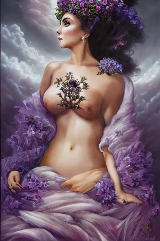 Prompt: center portrait fine art photo of the beauty elizabeth taylor, dramatic pose she has a crown of stunning flowers and dress of purple satin and gemstones, symmetrical realistic eyes, background full of stormy clouds, by peter mohrbacher