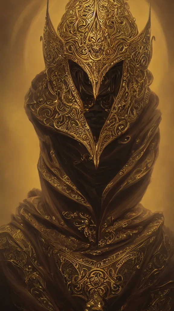 Image similar to black decadent hood, gold intricately detailed ornate metal mask, ornate background, portrait, realism, cinematic lighting, specular lighting, 8 k, artstation, octane render, peter mohrbacher, alfonso mucha, zdzisław beksinski