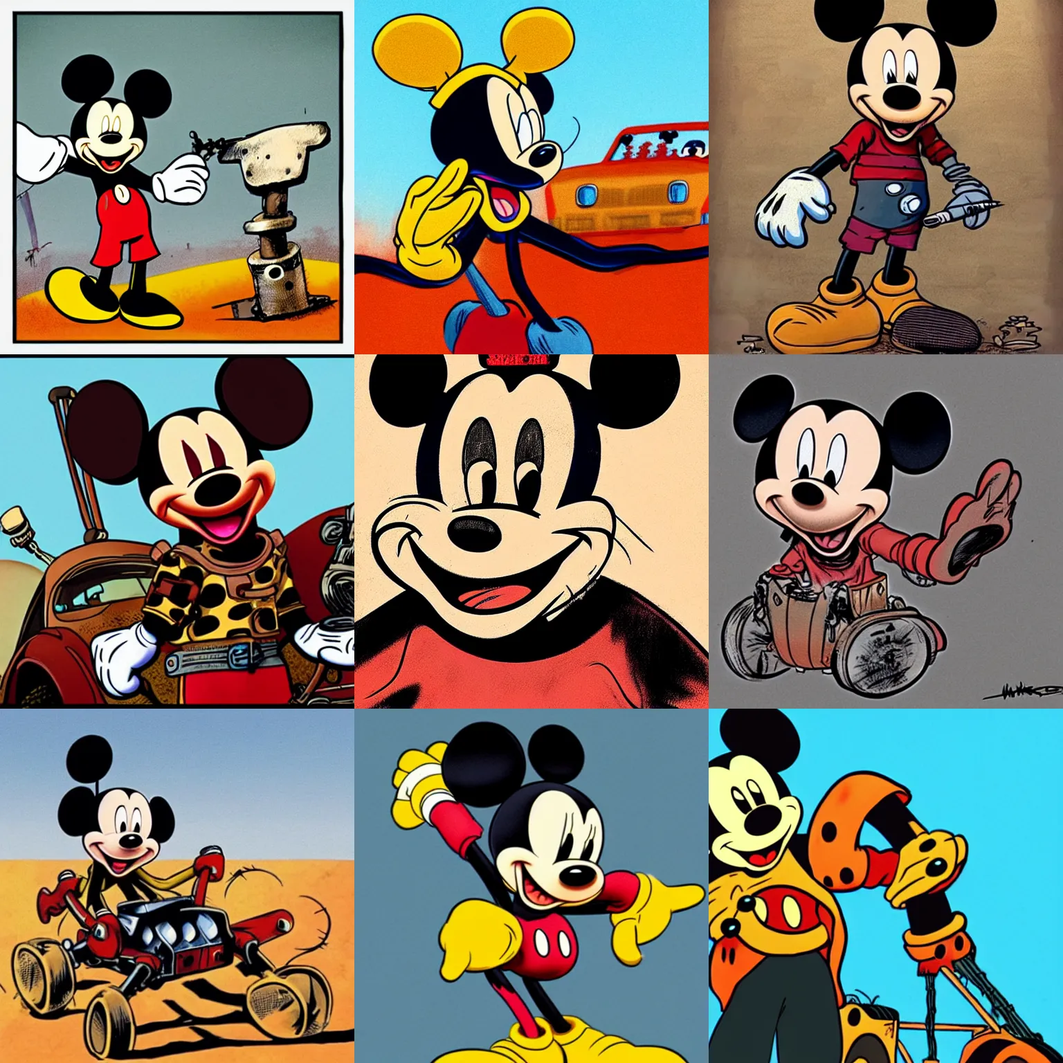 Prompt: Mickey Mouse as a warboys from mad max fury road in 60s cartoon style
