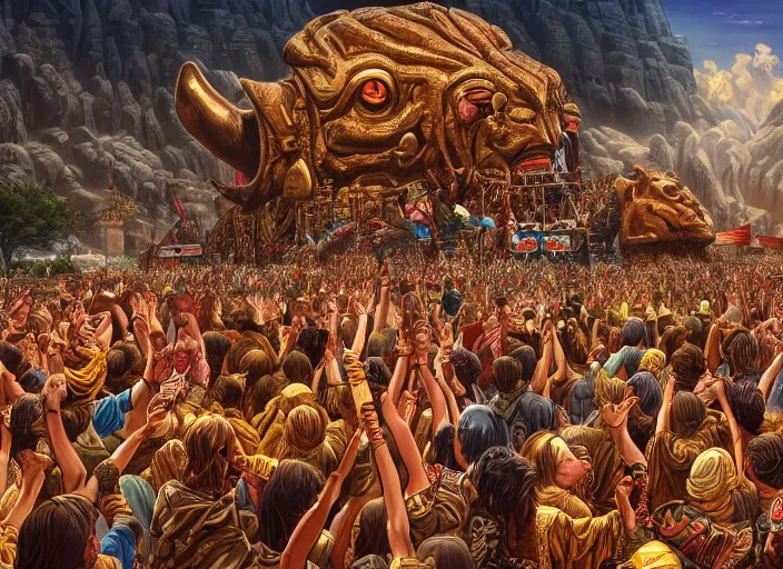 Image similar to a crowd of tribal men and women worshiping a giant golden calf, biblical, dramatic, insanely detailed, by dan mumford, yusuke murata, makoto shinkai, ross tran, intricate detail, cinematic, 8 k, featured on artstation, pixiv