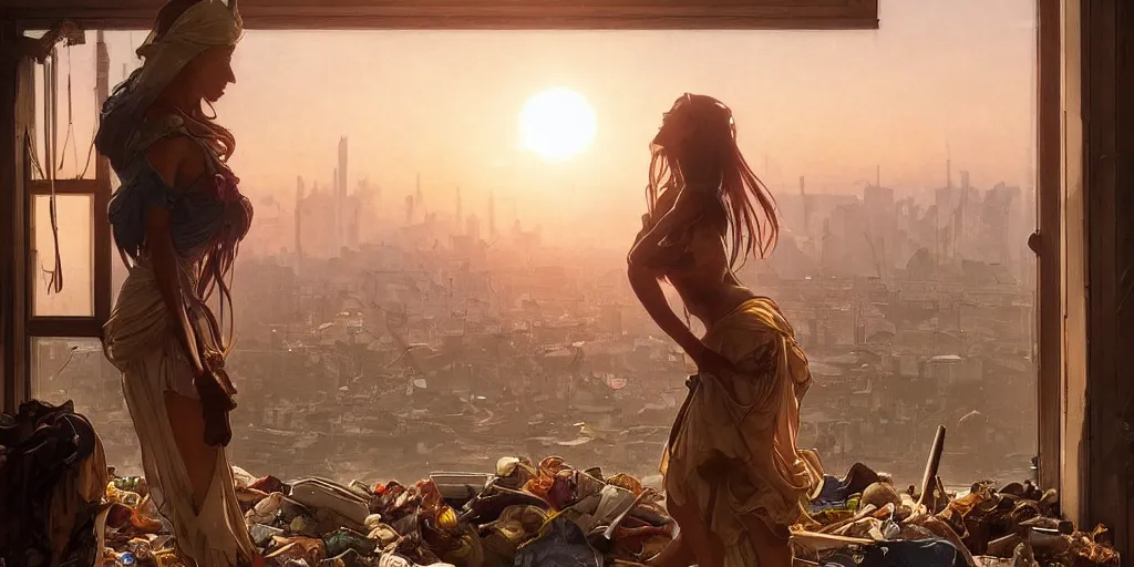 Image similar to seen from broken window!! garbage dump, city is pure wasteland, sunset in background, detailed characters, alphonse mucha, greg rutkowski, trending on artstation, artgerm, breathtaking, sharp focus, smooth, mark arian, award winning, highly detailed 4 k art