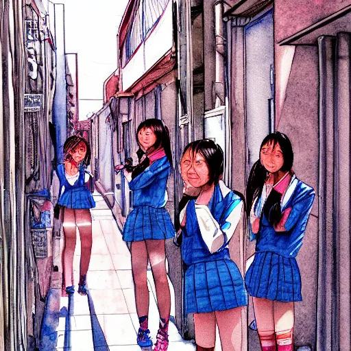 Image similar to a perfect, realistic professional digital sketch of a Japanese schoolgirls posing in a synthwave alleyway, style of Marvel, full length, by pen and watercolor, by a professional American senior artist on ArtStation, a high-quality hollywood-style sketch, on high-quality paper