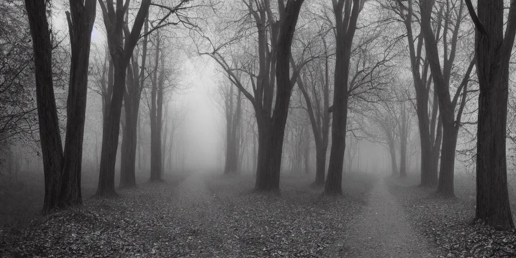 Image similar to dark path creepy trees arching grayscale fog