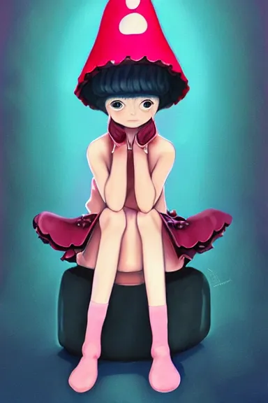 Image similar to a little girl wearing a mushroom hat in dress sitting | | purple curvy hair, pretty face, fine details, digial art by lois van baarle and rhads, anatomically correct, perfect composition, symmetrical, fantastic, clean details, anime character, extremely detailed