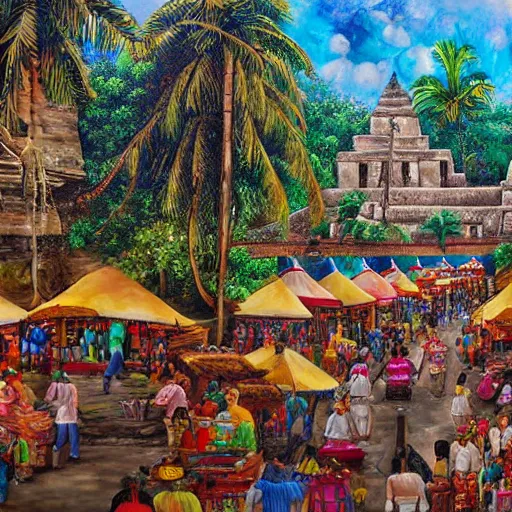 Prompt: enchanted painting of a bustling marketplace in a mayan city in the jungles of honduras, realistic, panoramic, 4 k