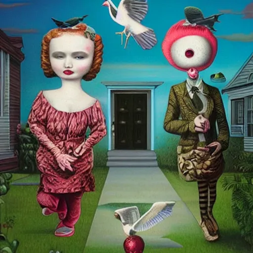 Image similar to anamorphic birds walking past a house, lowbrow surrealistic, in the style of Mark Ryden,