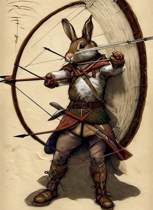 Image similar to a heroic rabbit archer with bow and arrow on a parchment background, redwall, greg rutowski and jean baptiste monge, detailed, epic fantasy concept art