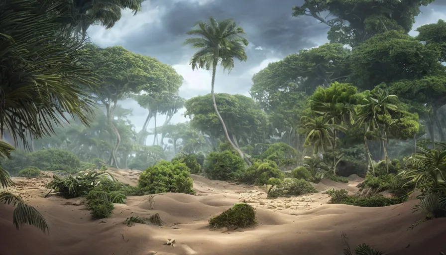 Image similar to beautiful stunning amazing slightly cloudly sky with various differently colored floating islands made of dirt and sand and stone with many varied rainforest forest desert plants and few little animals, landscape, fantasy, wide angle, sharp image, cinematic, concept art, 3d, photorealistic render, octane render, blender cycles, unreal engine, raytracing, volumetric light, photoshop, lightroom, digital art, trending on artstation