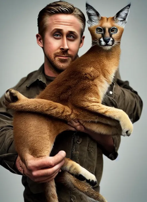 Image similar to Ryan Gosling holds a caracal cat in his hands, ultra highly detailed, smooth, sharp focus, elegant, artstation