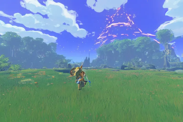 Image similar to an in game heavily modded landscape from the legend of zelda breath of the wild, breath of the wild art style.